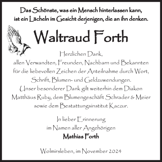 Traueranzeige von Waltraud Forth von Volksstimme Staßfurt