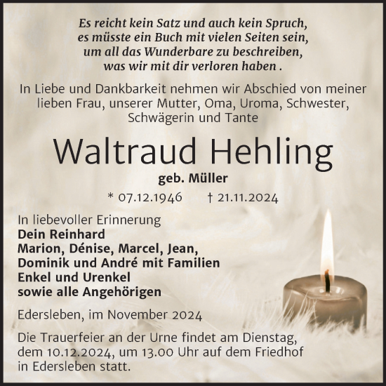Traueranzeige von Waltraud Hehling von Trauerkombi Sangerhausen