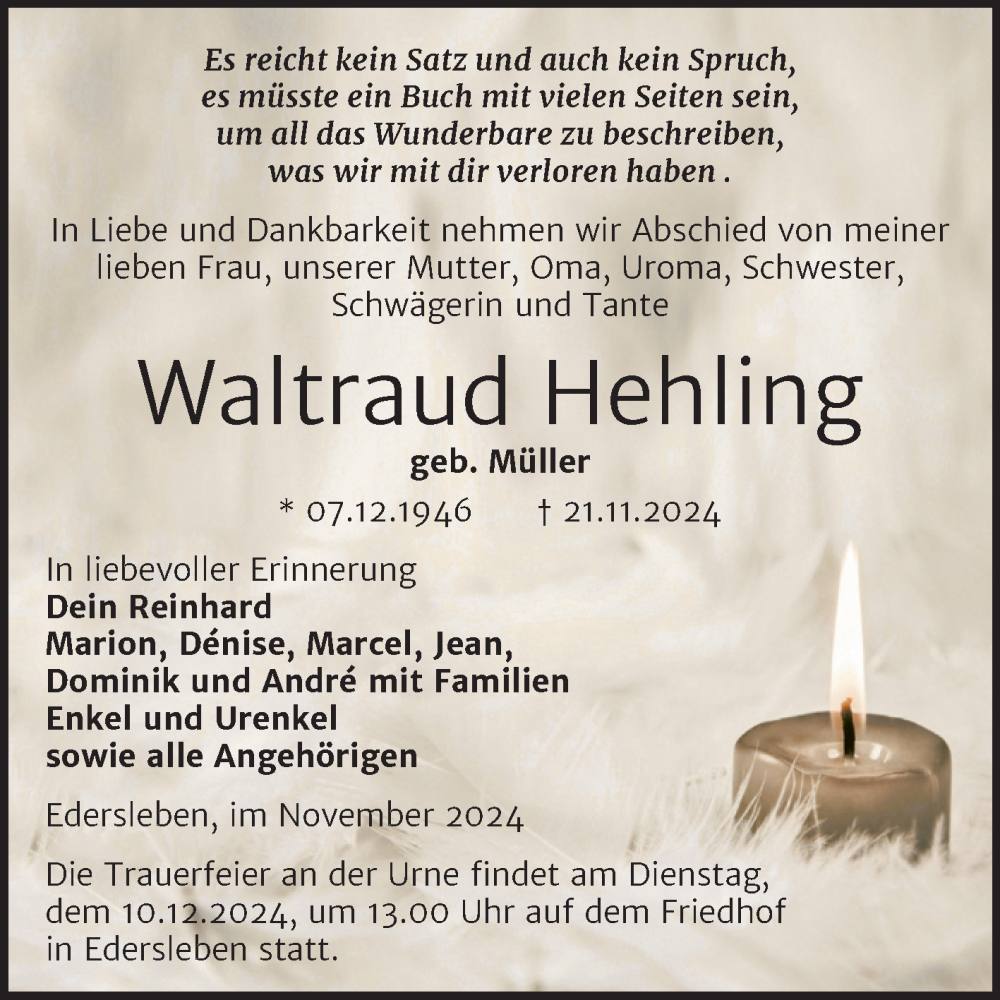  Traueranzeige für Waltraud Hehling vom 29.11.2024 aus Trauerkombi Sangerhausen