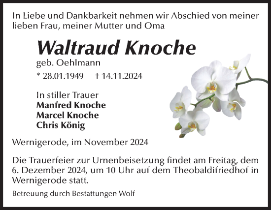 Traueranzeige von Waltraud Knoche von Volksstimme Wernigerode