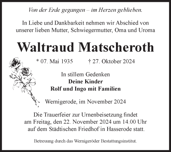 Traueranzeige von Waltraud Matscheroth von Volksstimme Wernigerode