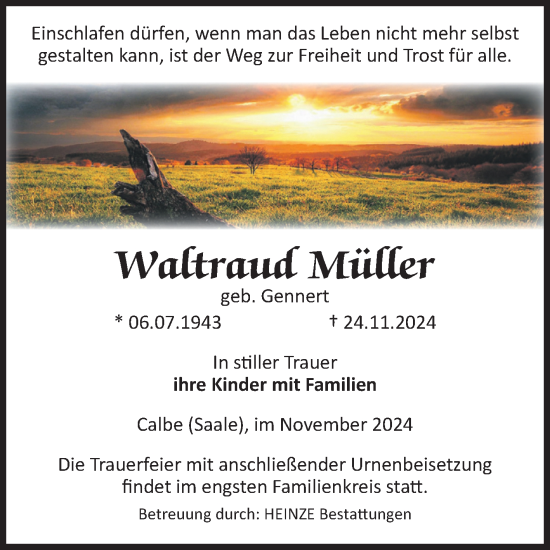 Traueranzeige von Waltraud Müller von Volksstimme Schönebeck