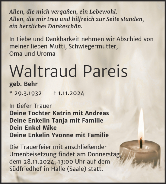 Traueranzeige von Waltraud Pareis von Mitteldeutsche Zeitung Halle/Saalkreis