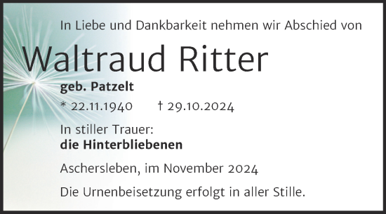 Traueranzeige von Waltraud Ritter von Trauerkombi Aschersleben