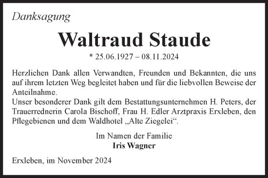 Traueranzeige von Waltraud Staude von Volksstimme Haldensleben/Wolmirstedt