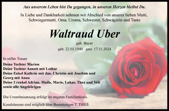 Traueranzeige von Waltraud Uber von Volksstimme Wernigerode