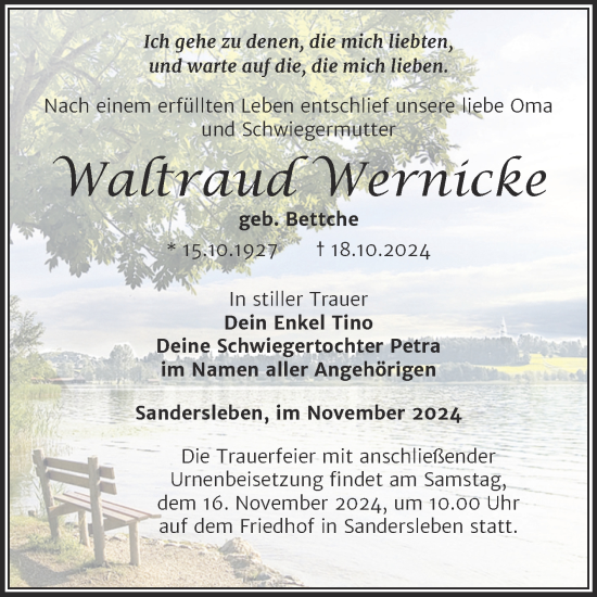 Traueranzeige von Waltraud Wernicke von Trauerkombi Mansfelder Land