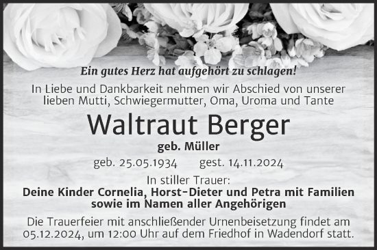 Traueranzeige von Waltraut Berger von SuperSonntag Bitterfeld