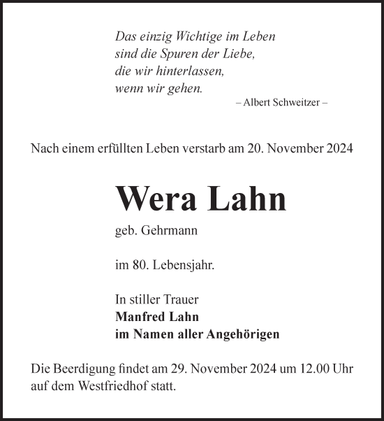 Traueranzeige von Wera Lahn von Volksstimme Magdeburg