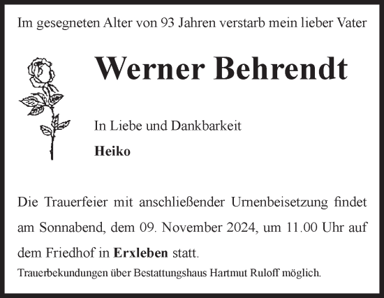 Traueranzeige von Werner Behrendt von Volksstimme Haldensleben/Wolmirstedt