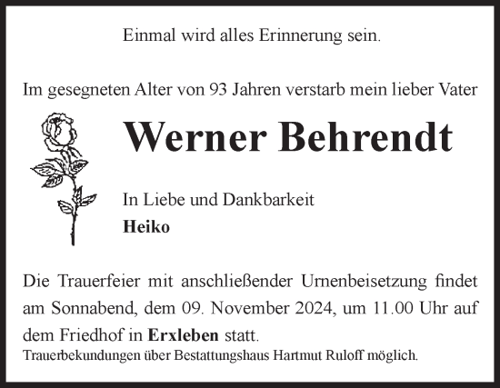 Traueranzeige von Werner Behrendt von Volksstimme Haldensleben/Wolmirstedt