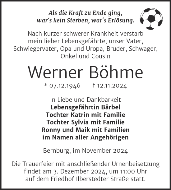 Traueranzeige von Werner Böhme von Trauerkombi Bernburg