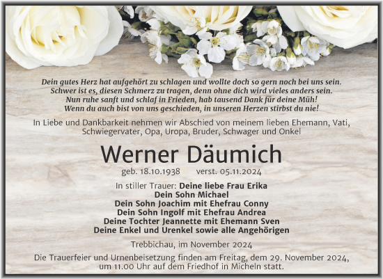 Traueranzeige von Werner Däumich von Trauerkombi Köthen