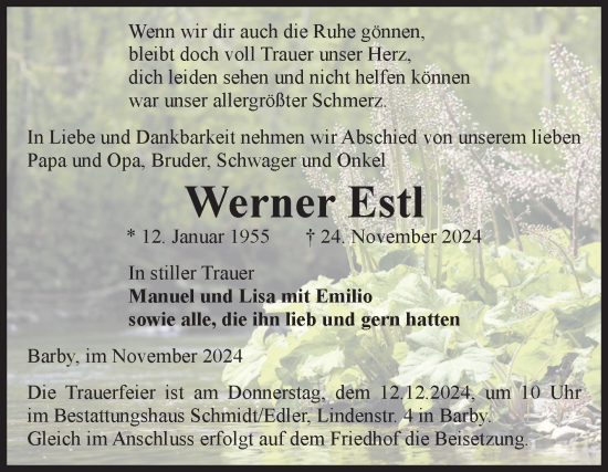 Traueranzeige von Werner Estl von Volksstimme Schönebeck