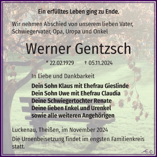 Traueranzeige von Werner Gentisch von Trauerkombi Zeitz
