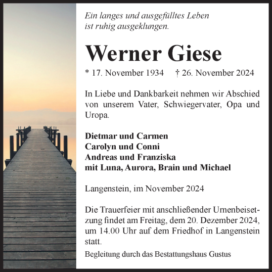 Traueranzeige von Werner Giese von Volksstimme Halberstadt