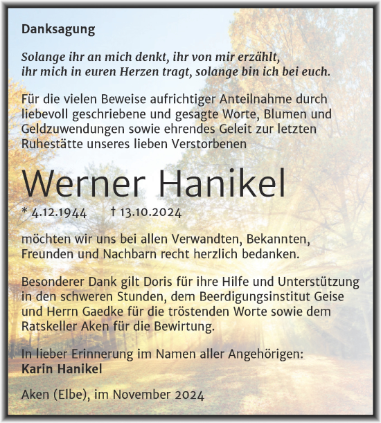 Traueranzeige von Werner Hanikel von Trauerkombi Köthen