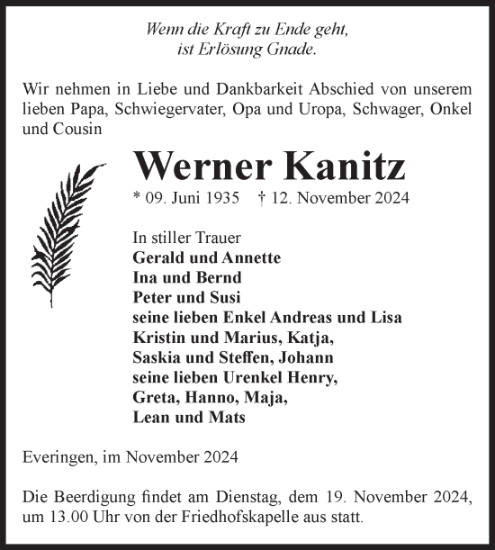 Traueranzeige von Werner Kanitz von Volksstimme Haldensleben/Wolmirstedt