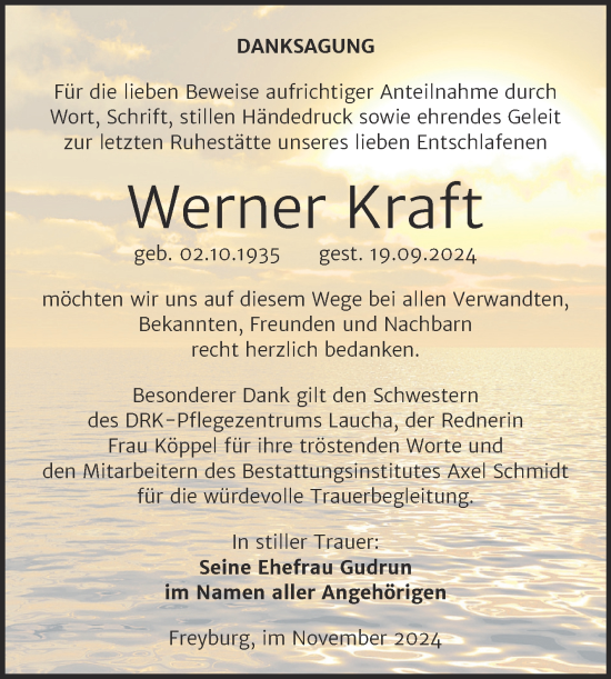 Traueranzeige von Werner Kraft von Naumburger Tageblatt