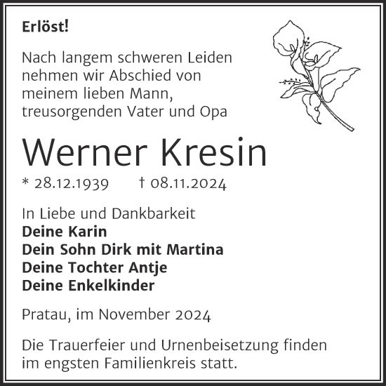 Traueranzeige von Werner Kresin von Trauerkombi Wittenberg