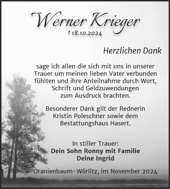 Traueranzeige von Werner Krieger von Trauerkombi Wittenberg