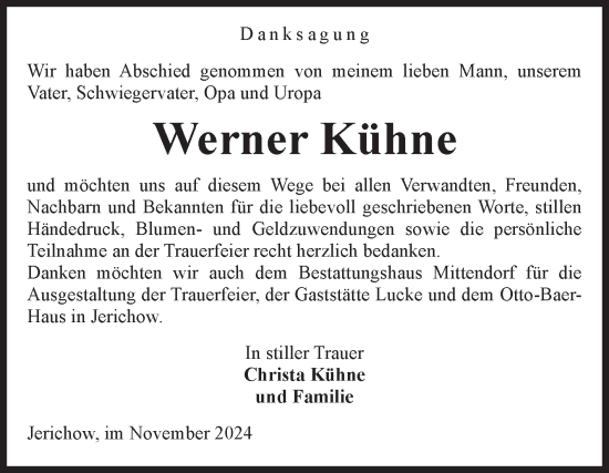 Traueranzeige von Werner Kühne von Volksstimme Burg/Genthin