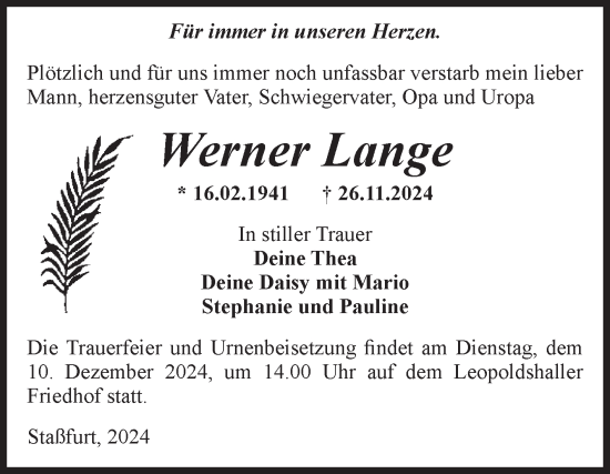 Traueranzeige von Werner Lange von Volksstimme Staßfurt