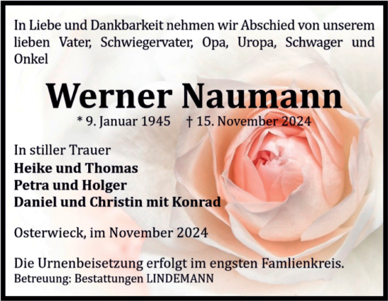 Traueranzeige von Werner Naumann von Volksstimme Halberstadt