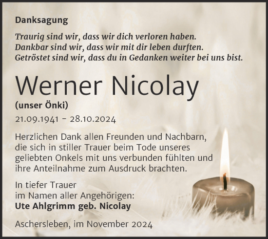 Traueranzeige von Werner Nicolay von Trauerkombi Aschersleben