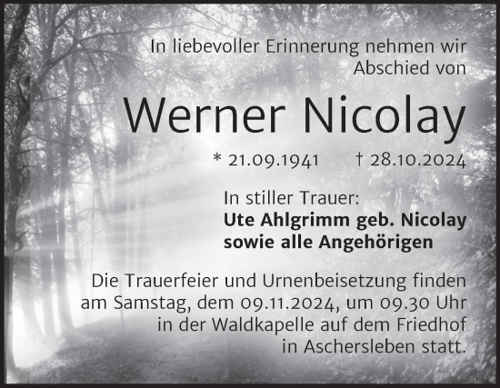 Traueranzeige von Werner Nicolay von Mitteldeutsche Zeitung Aschersleben
