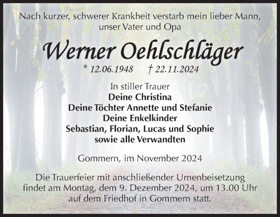 Traueranzeige von Werner Oehlschläger von Volksstimme Burg/Genthin
