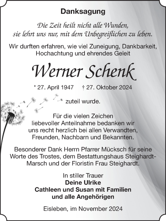Traueranzeige von Werner Schenk von Volksstimme Oschersleben/Wanzleben