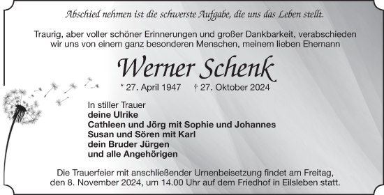 Traueranzeige von Werner Schenk von Volksstimme Oschersleben/Wanzleben