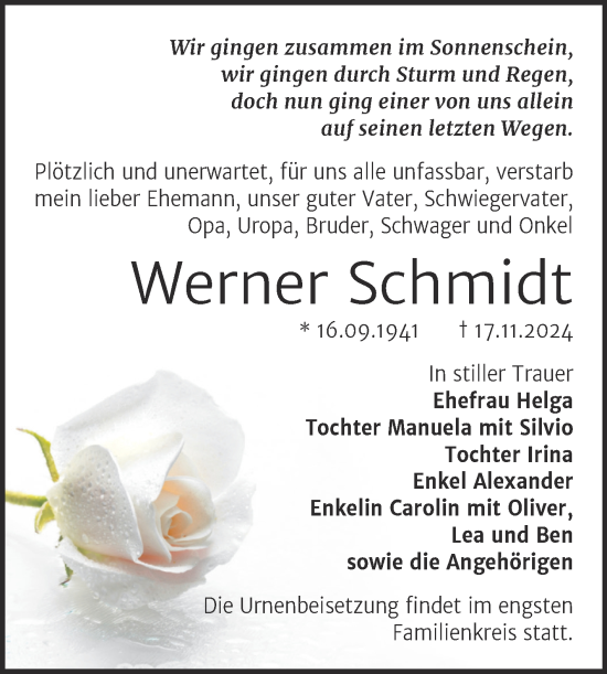 Traueranzeige von Werner Schmidt von Trauerkombi Bernburg