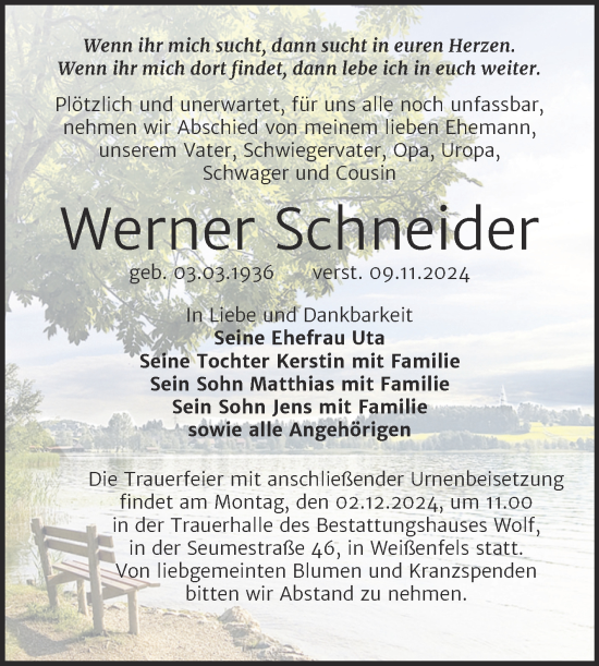 Traueranzeige von Werner Schneider von Trauerkombi Weißenfels