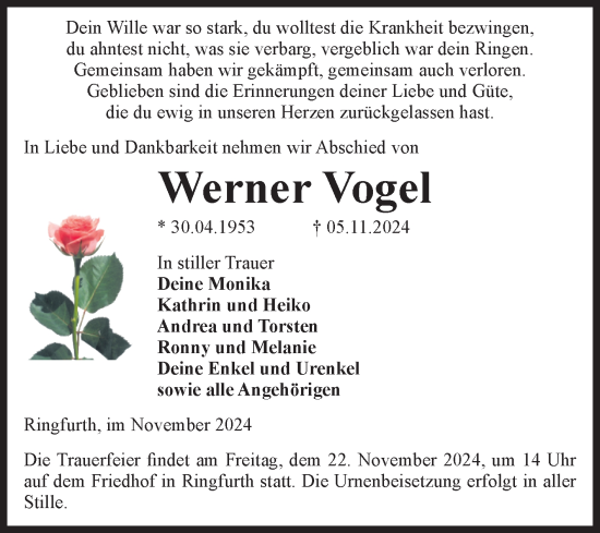 Traueranzeige von Werner Vogel von Volksstimme Altmark Ost