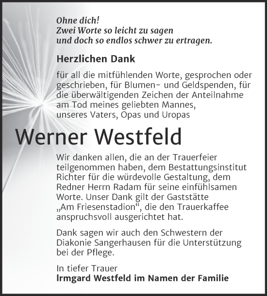 Traueranzeige von Werner Westfeld von Trauerkombi Sangerhausen