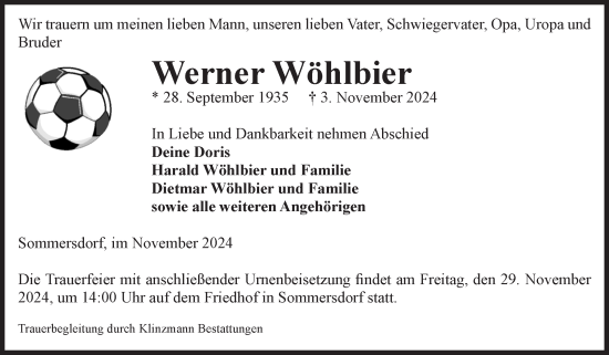 Traueranzeige von Werner Wöhlbier von Volksstimme Oschersleben/Wanzleben