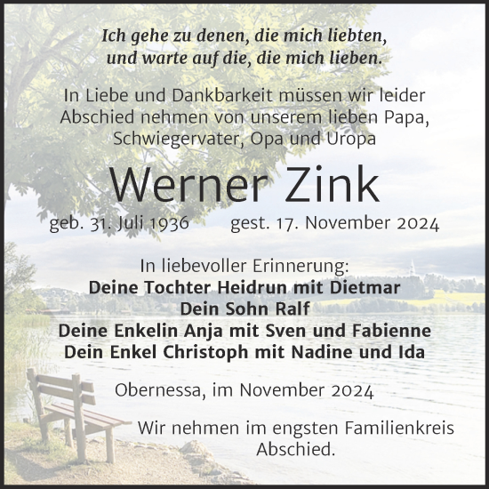 Traueranzeige von Werner Zink von Trauerkombi Weißenfels