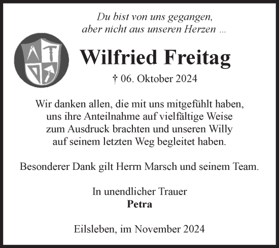 Traueranzeige von Wilfried Freitag von Volksstimme Oschersleben/Wanzleben
