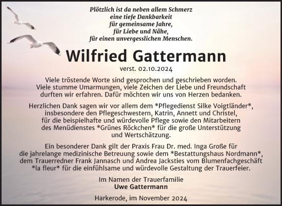 Traueranzeige von Wilfried Gattermann von Trauerkombi Mansfelder Land