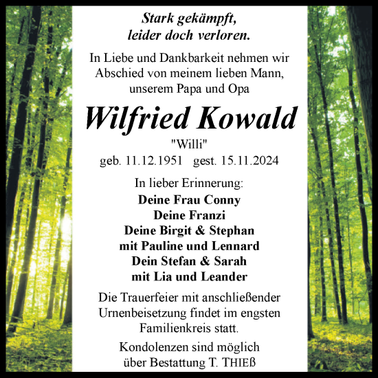 Traueranzeige von Wilfried Kowald von Trauerkombi Quedlinburg