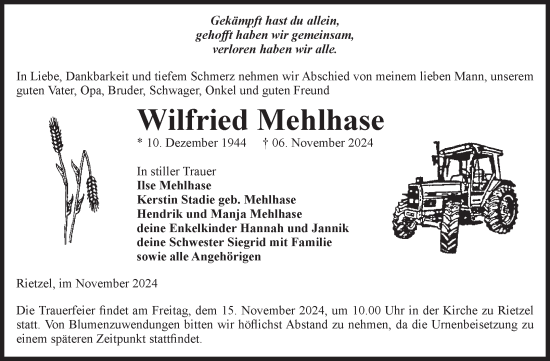 Traueranzeige von Wilfried Mehlhase von Volksstimme Burg/Genthin