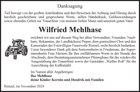 Traueranzeige von Wilfried Mehlhase von Volksstimme Burg/Genthin