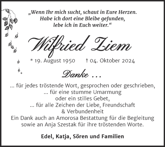 Traueranzeige von Wilfried Ziem von Trauerkombi Dessau
