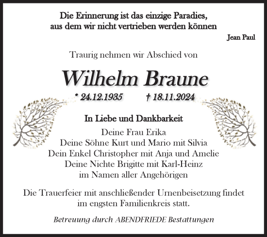 Traueranzeige von Wilhelm Braune von Volksstimme Haldensleben/Wolmirstedt