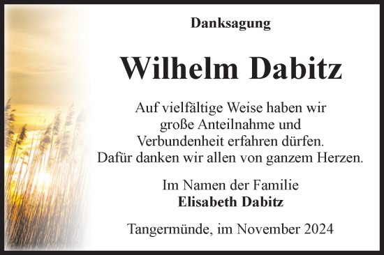 Traueranzeige von Wilhelm Dabitz von Volksstimme Altmark Ost