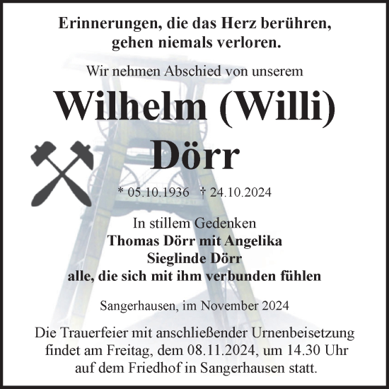 Traueranzeige von Wilhelm Dörr von Trauerkombi Sangerhausen
