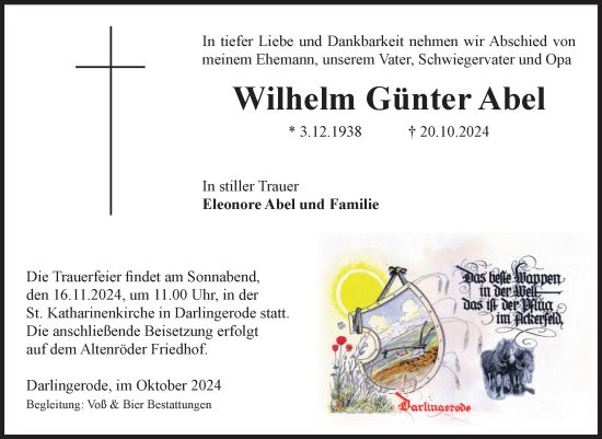 Traueranzeige von Wilhelm Günter Abel von Volksstimme Wernigerode