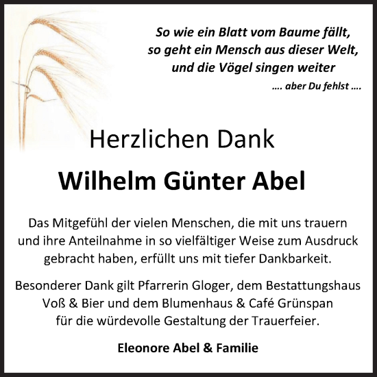 Traueranzeige von Wilhelm Günter Abel von Volksstimme Wernigerode